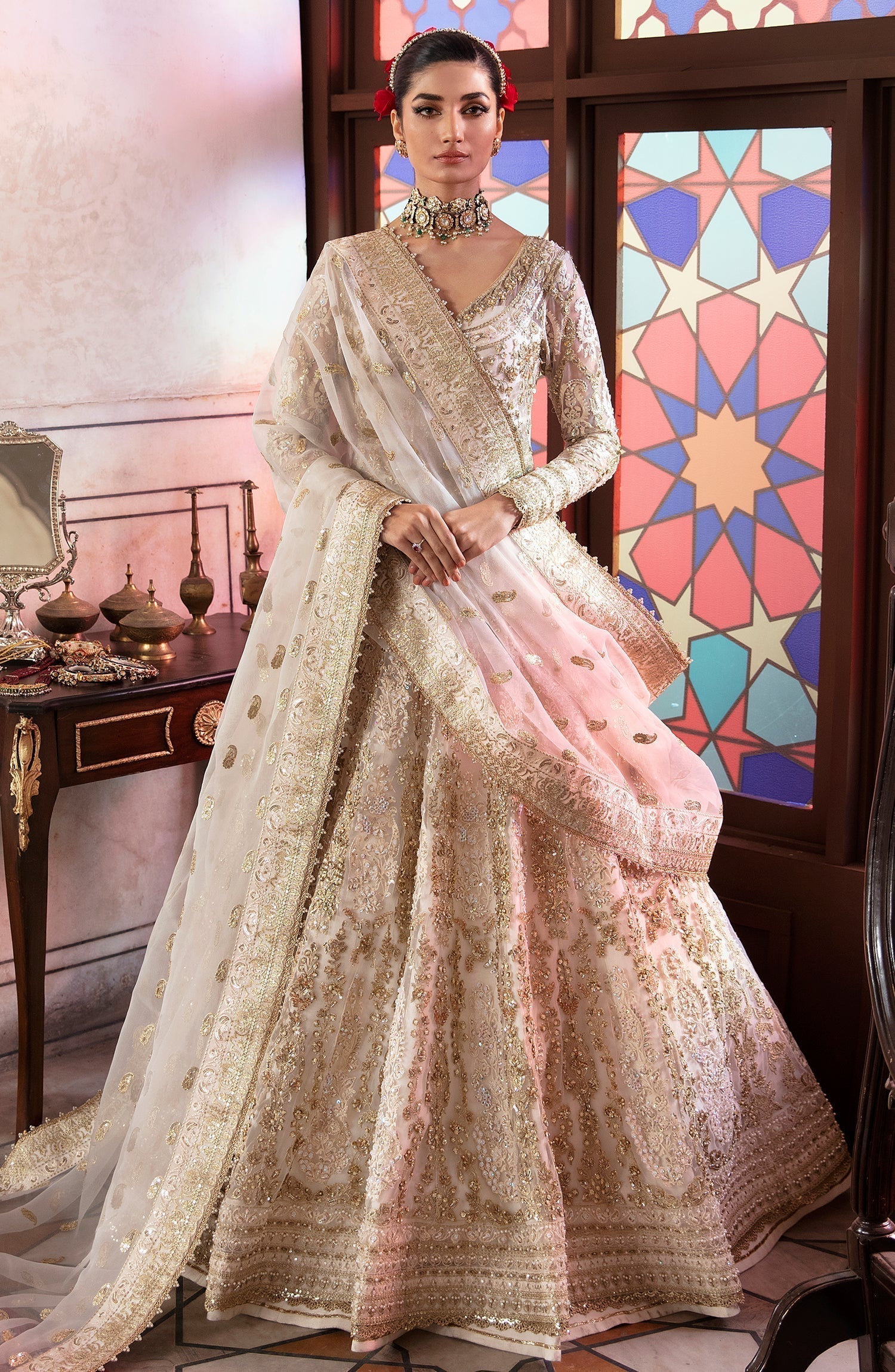 Zevk Afsanah Luxury Embroidered Net 3Pc Suit - Alif - House Of Hania