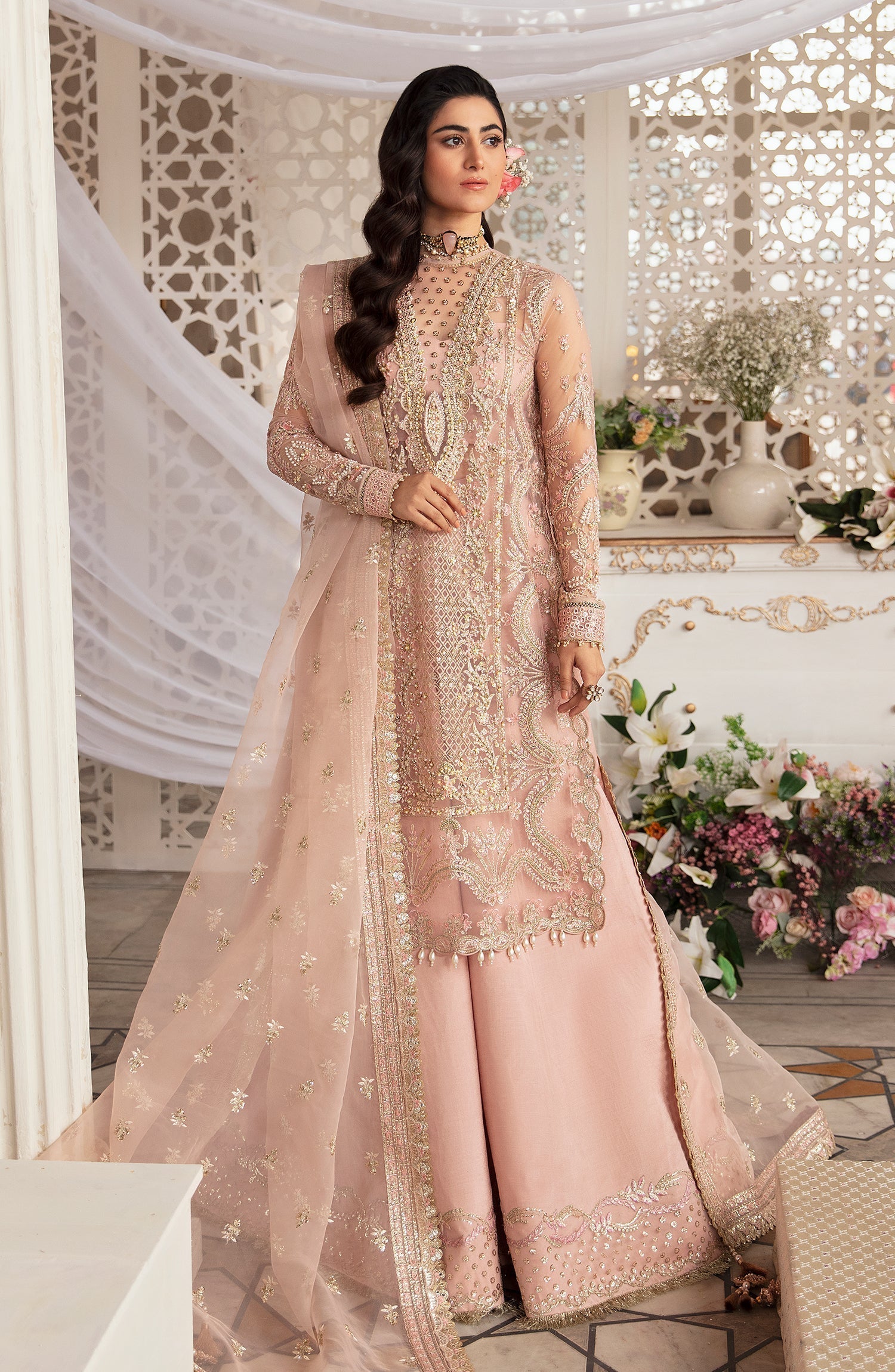 Zevk Afsanah Luxury Embroidered Net 3Pc Suit - Mushq - House Of Hania