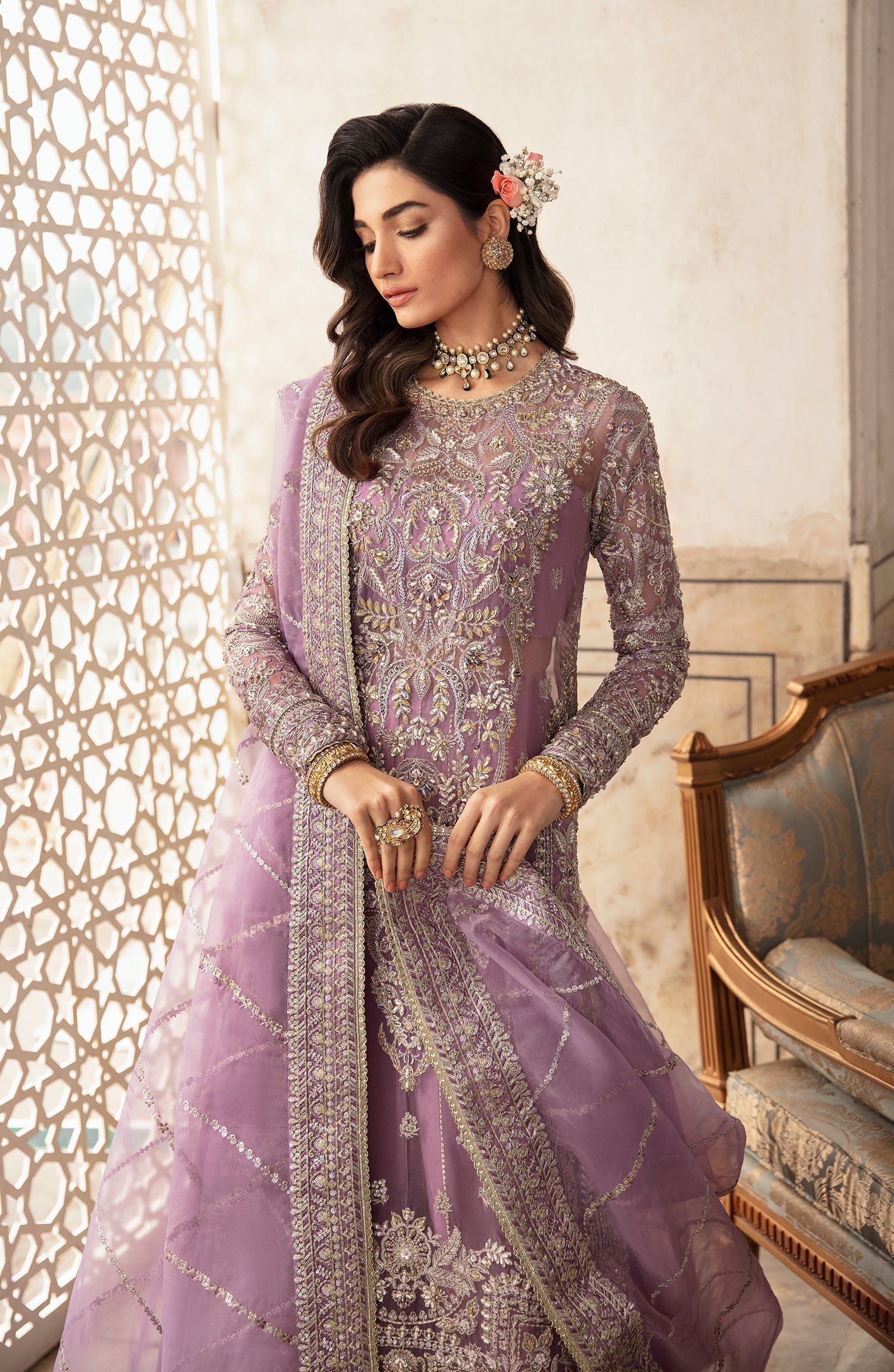 Zevk Afsanah Luxury Embroidered Organza 3Pc Suit - Gul-e-Nargis - House Of Hania
