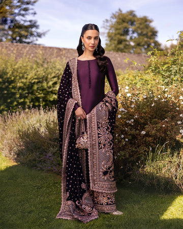 Faiza Saqlain Vespera embroidered velvet suit, an example of Pakistani designer fabric