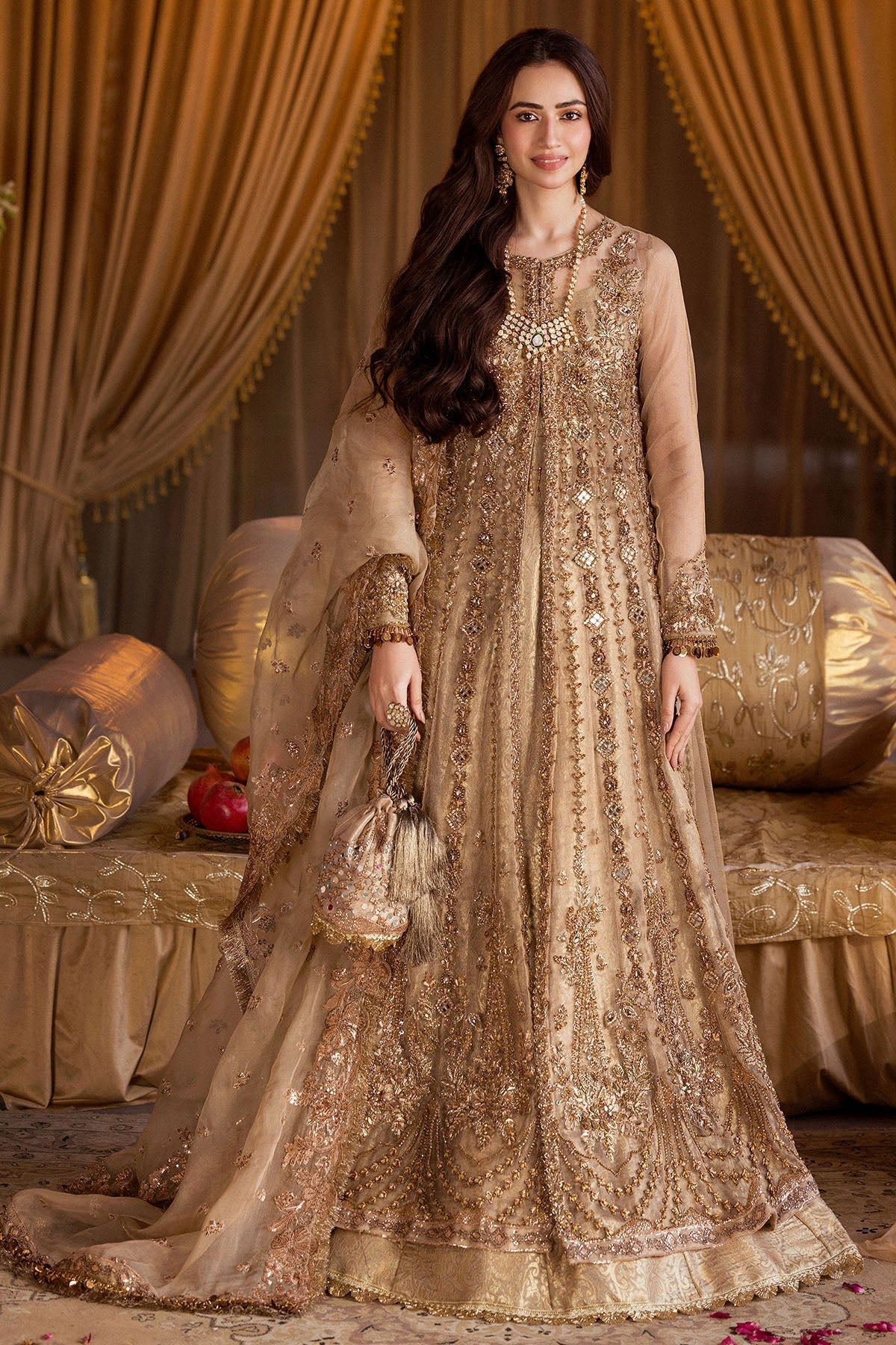 Elegant golden embroidered formal dress from Motifz pk collection, featuring intricate detailing, paired with matching dupatta, ideal for festive occasions