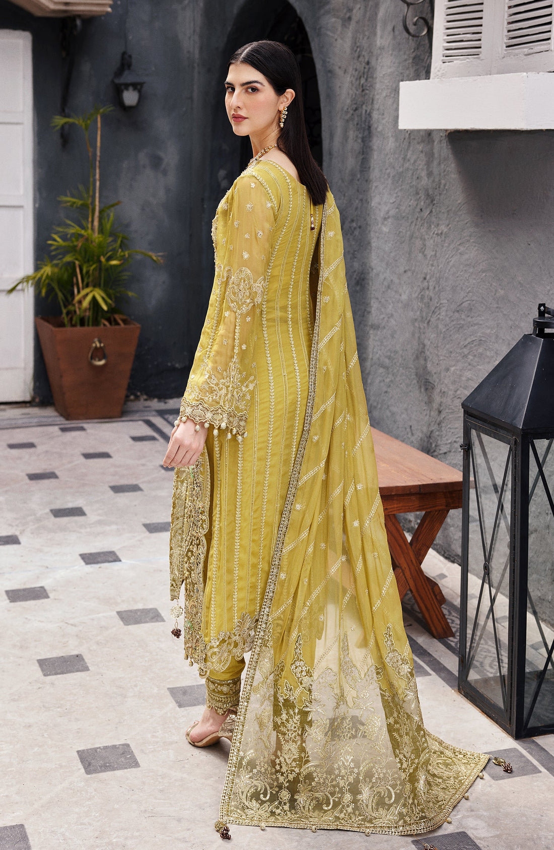 Emaan Adeel Aroohi embroidered chiffon outfit — front view