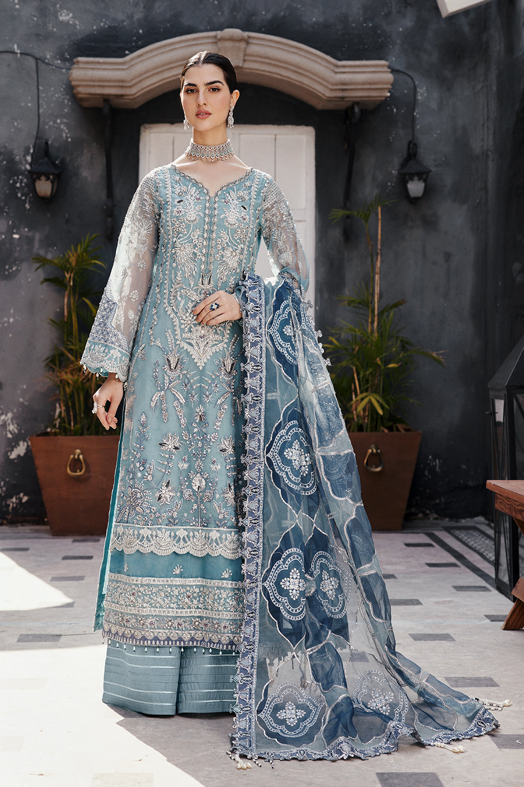 Emaan Adeel Nw-02 embroidered organza outfit — front view