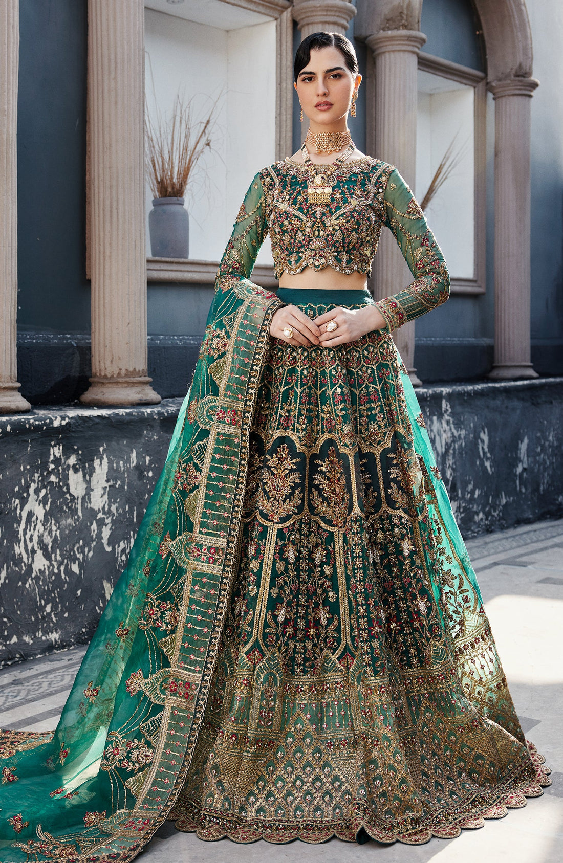 Emaan Adeel Laleena embroidered organza outfit — front view