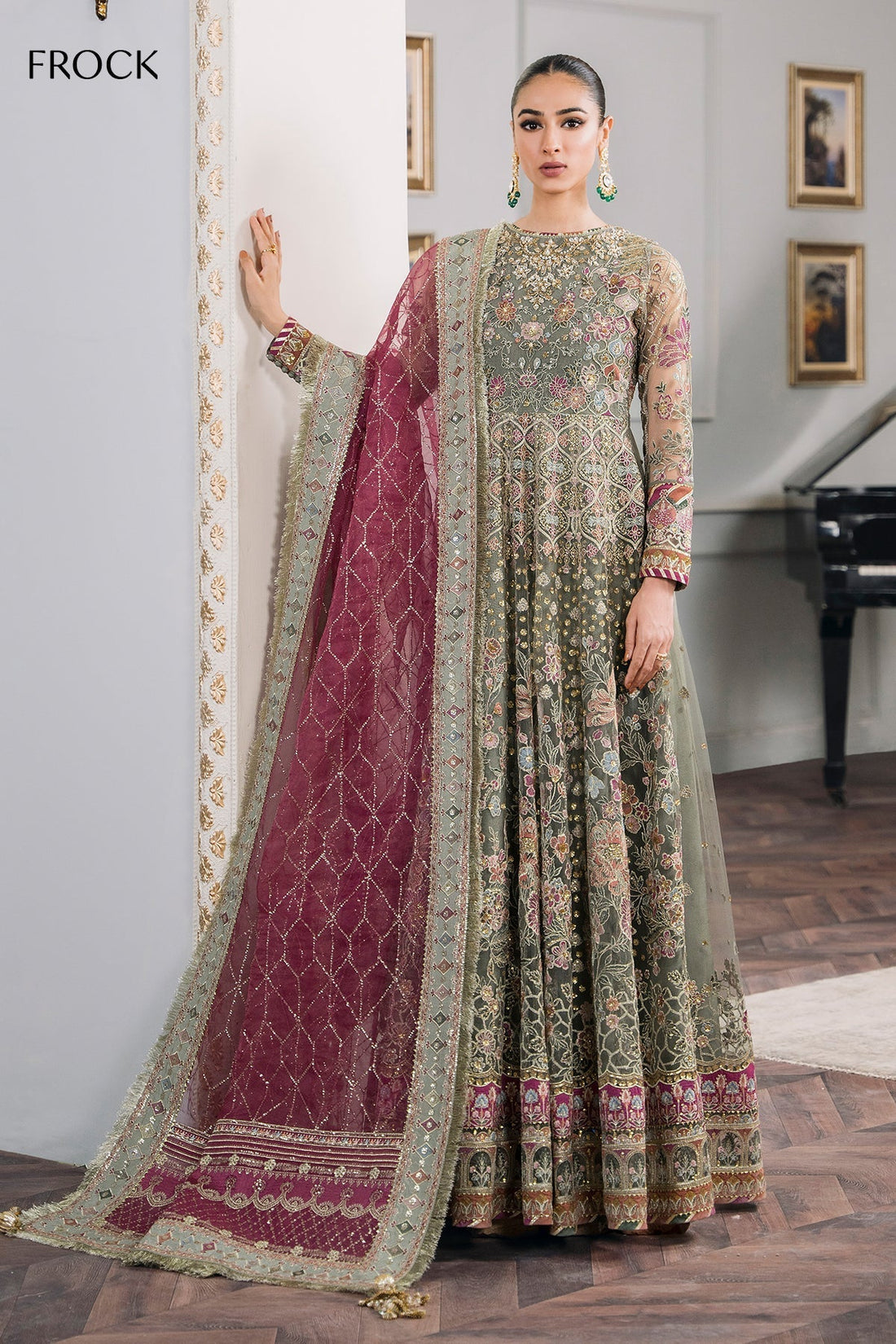 Baroque Chantelle Embroidered Luxury Net 3Pc Suit EC-02 - House Of Hania