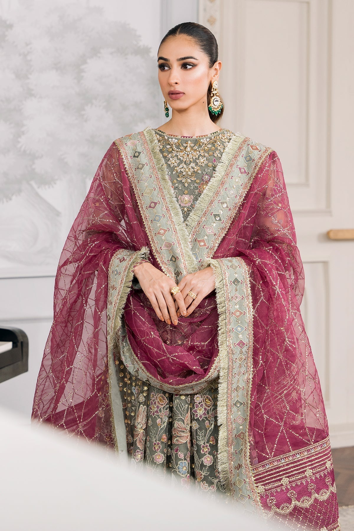 Baroque Chantelle Embroidered Luxury Net 3Pc Suit EC-02 - House Of Hania