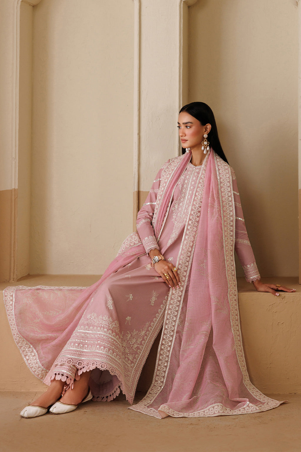 Emaan Adeel SONATA P0120 lawn outfit in pink — seated view