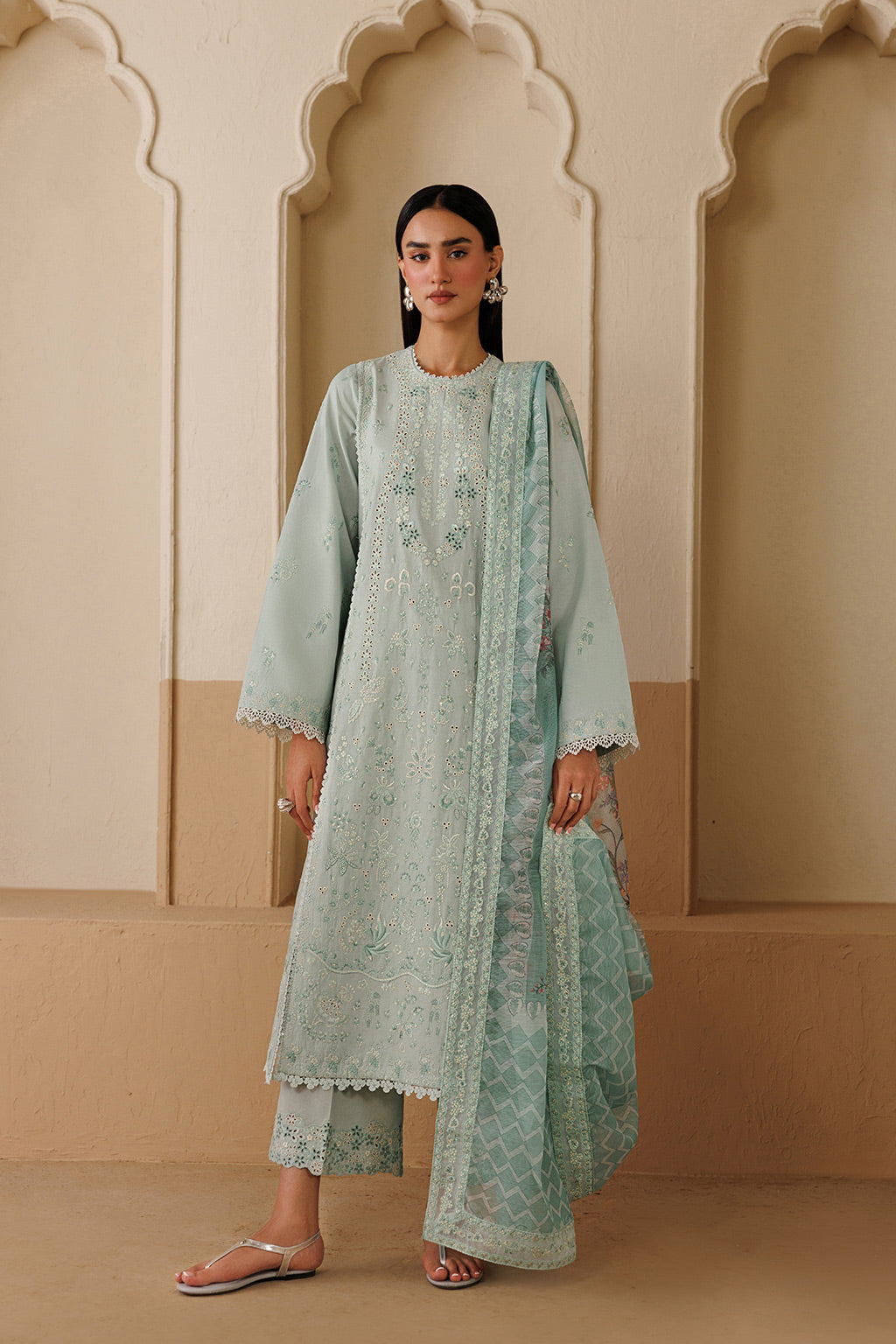 Emaan Adeel HARMONY P0123 lawn outfit in pale mint green — front view