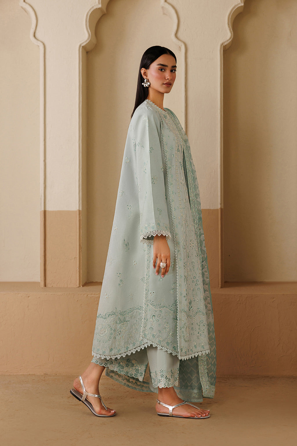 Emaan Adeel HARMONY P0123 lawn outfit in pale mint green — side view