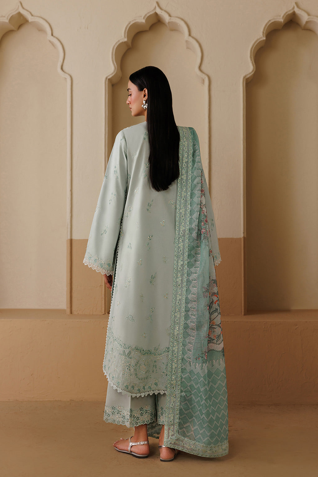 Emaan Adeel HARMONY P0123 lawn outfit in pale mint green — back view