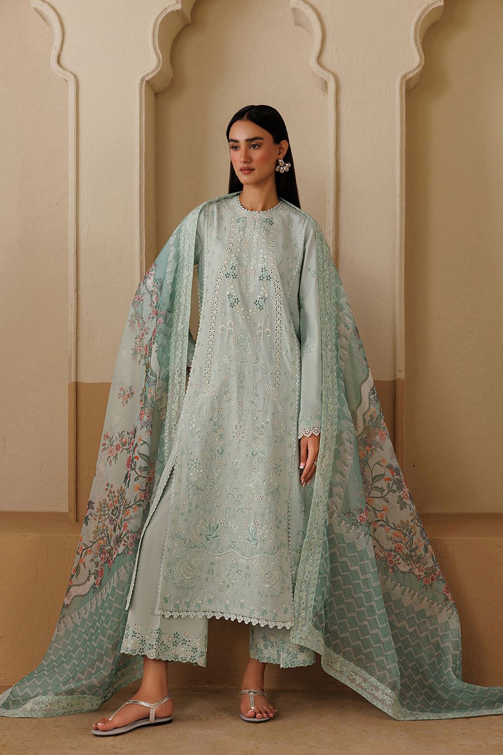 Emaan Adeel HARMONY P0123 lawn outfit in pale mint green — front view