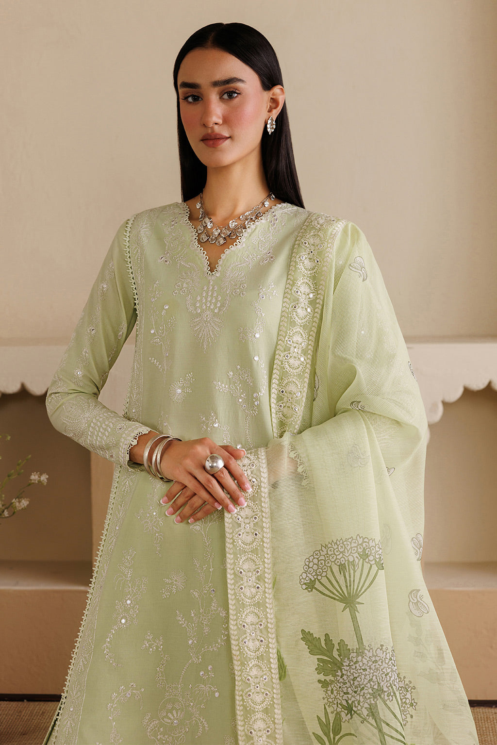 Emaan Adeel TENORA P0124 lawn outfit in pale green — upper-body view