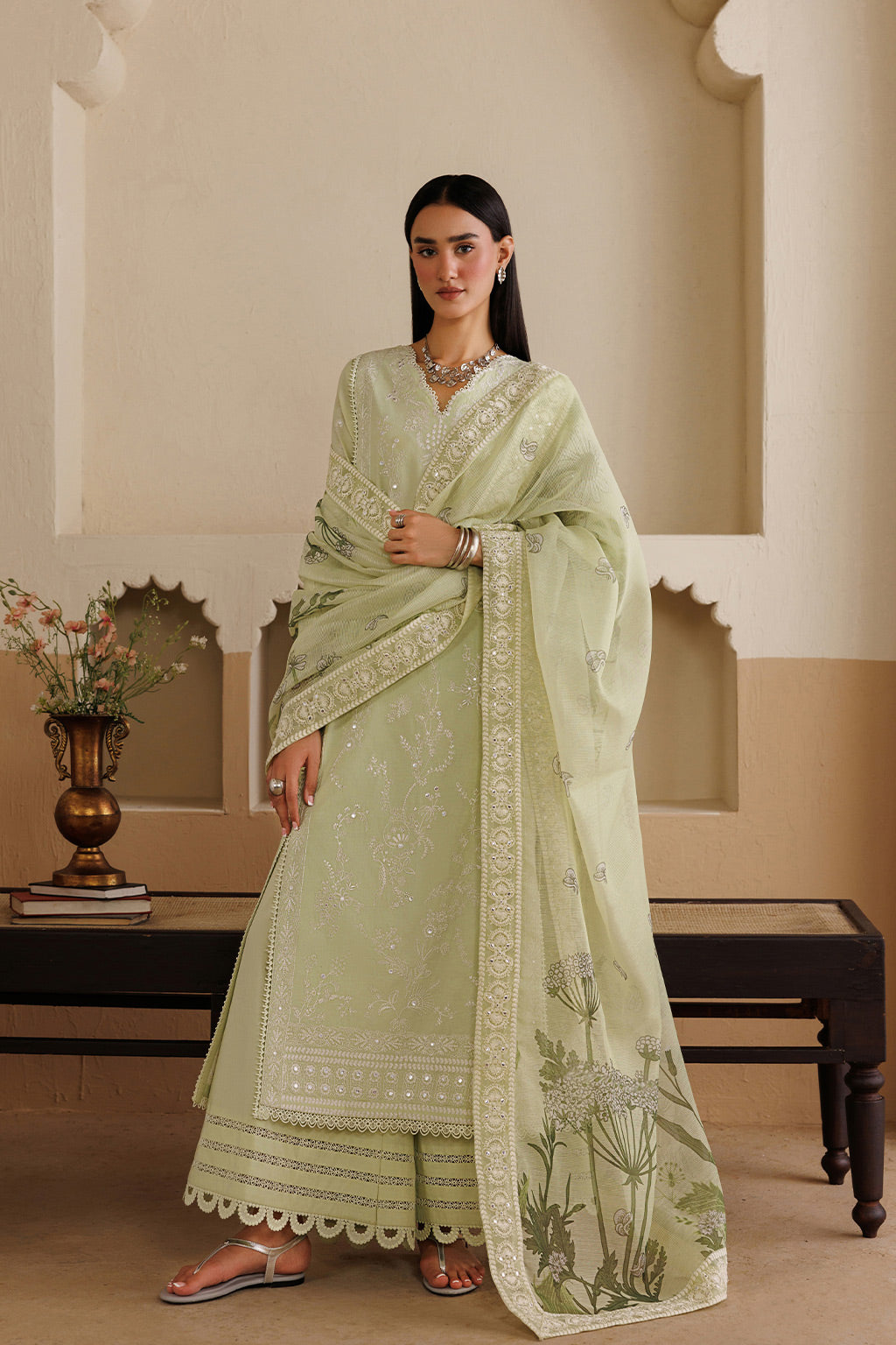 Emaan Adeel TENORA P0124 lawn outfit in pale green — front view