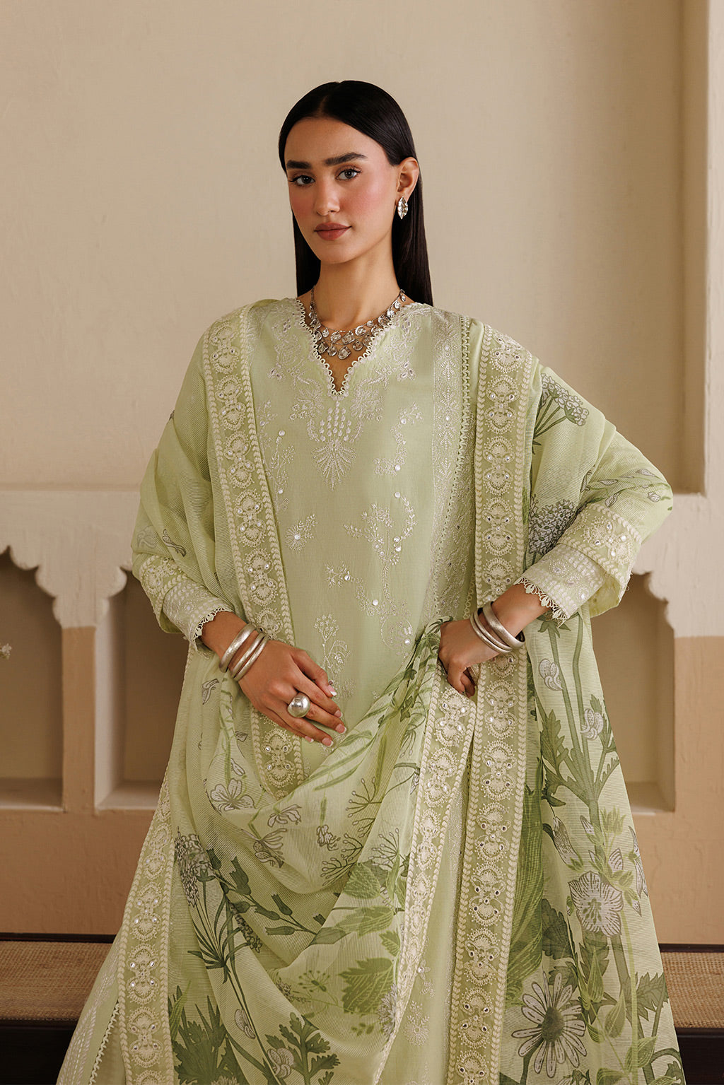 Emaan Adeel TENORA P0124 lawn outfit in pale green — upper-body view
