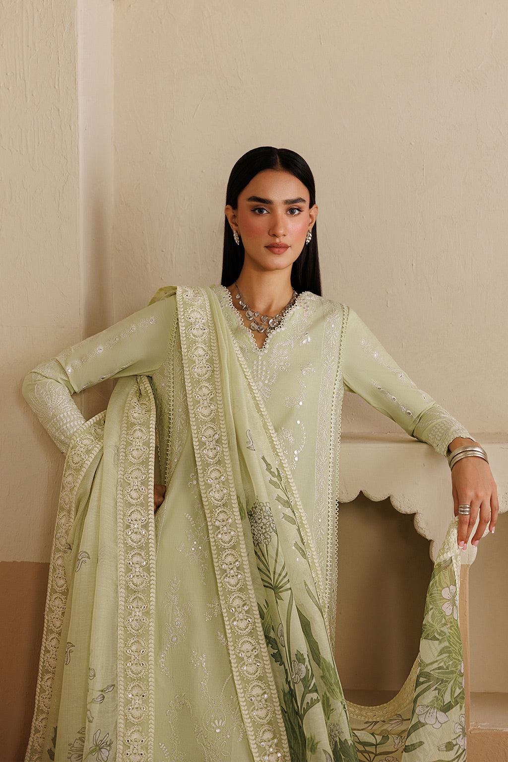 Emaan Adeel TENORA P0124 lawn outfit in pale green — seated view
