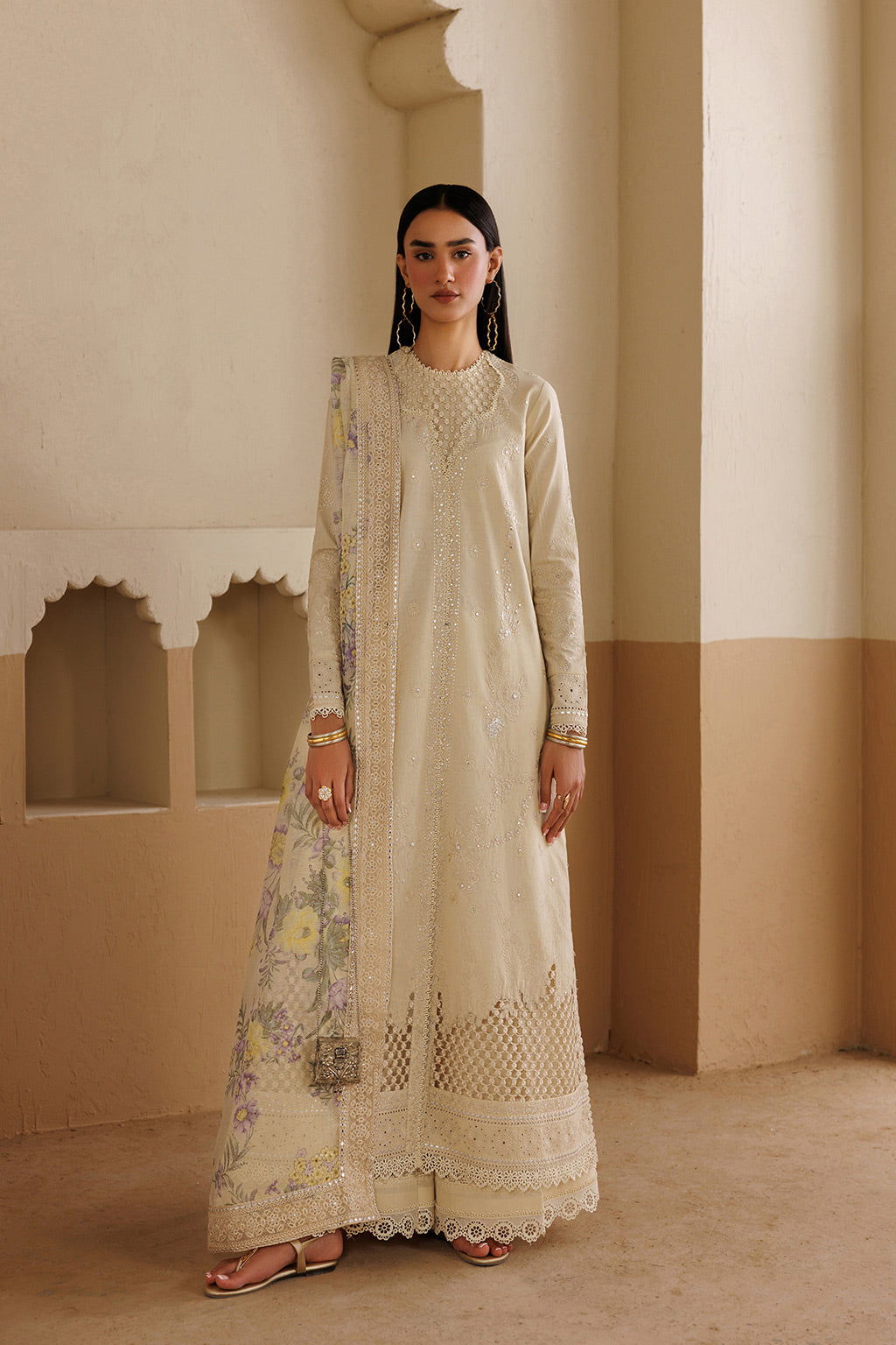 Emaan Adeel OPUS P0121 lawn outfit in ivory — front view