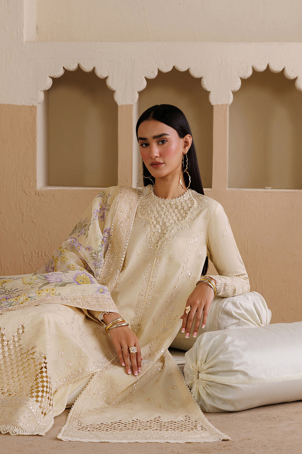 Emaan Adeel OPUS P0121 lawn outfit in ivory — seated view