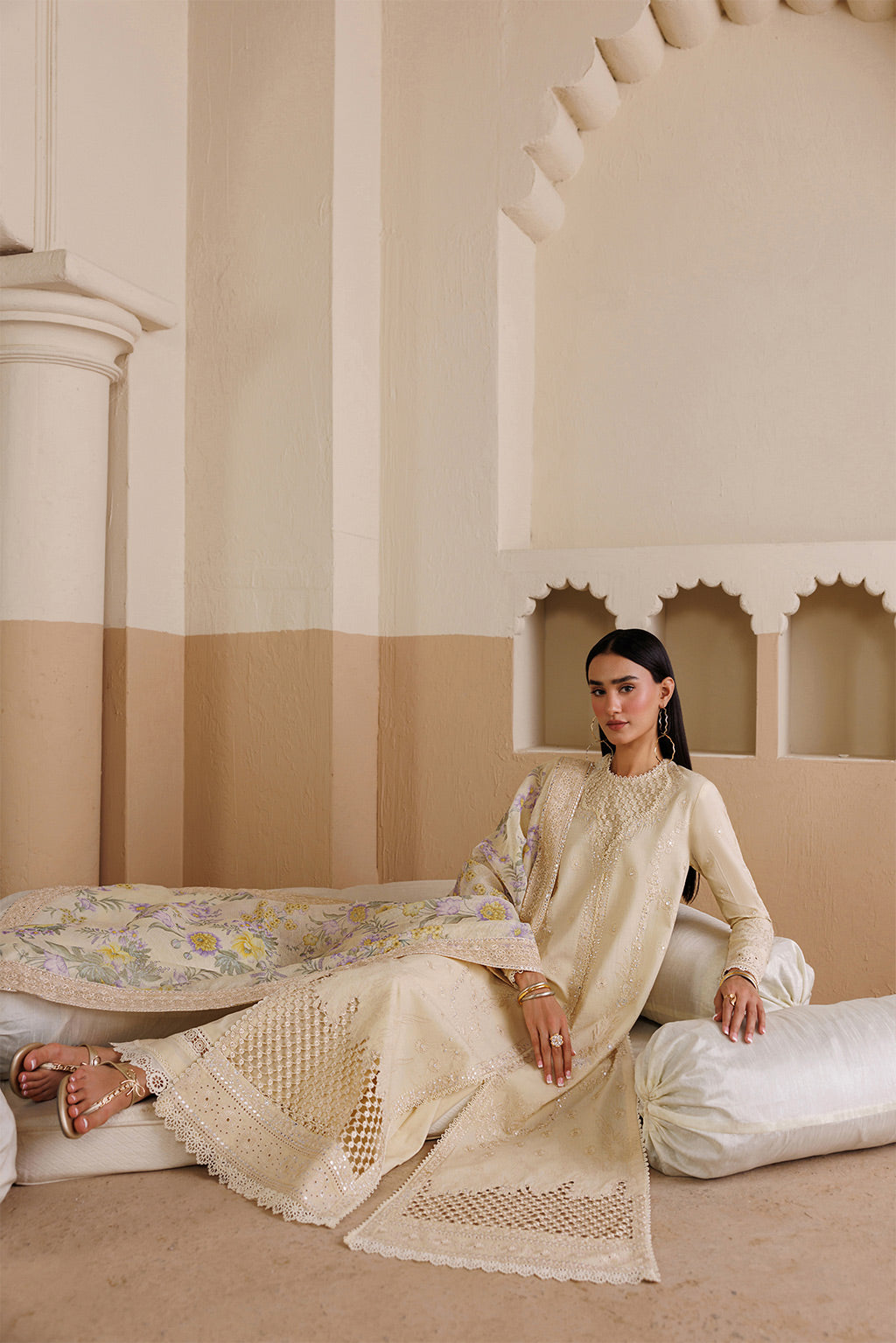 Emaan Adeel OPUS P0121 lawn outfit in ivory — reclining view