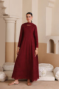 Emaan Adeel BAROQUE P0122 lawn outfit in maroon — front view