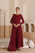 Emaan Adeel BAROQUE P0122 lawn outfit in maroon — front view