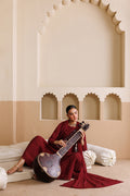 Emaan Adeel BAROQUE P0122 lawn outfit in maroon — seated view