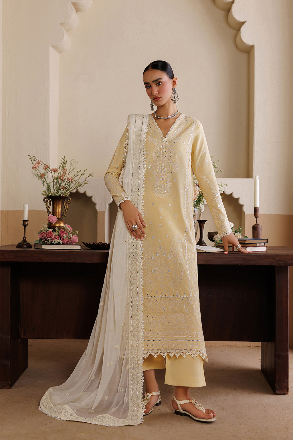Emaan Adeel NOSTALIGA P0125 lawn outfit in pale yellow — front view