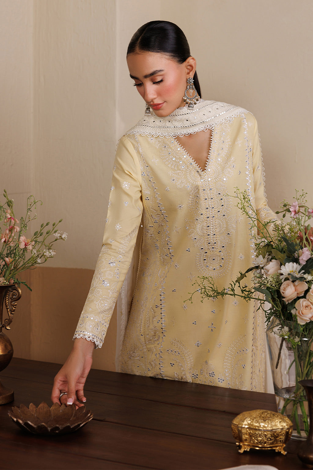 Emaan Adeel NOSTALIGA P0125 lawn outfit in pale yellow — upper-body view