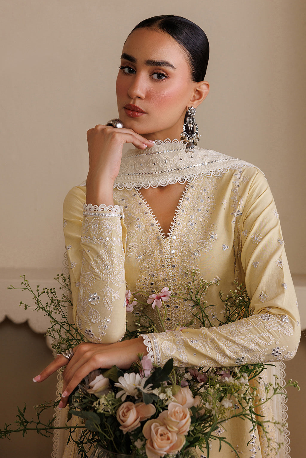 Emaan Adeel NOSTALIGA P0125 lawn outfit in pale yellow — upper-body view