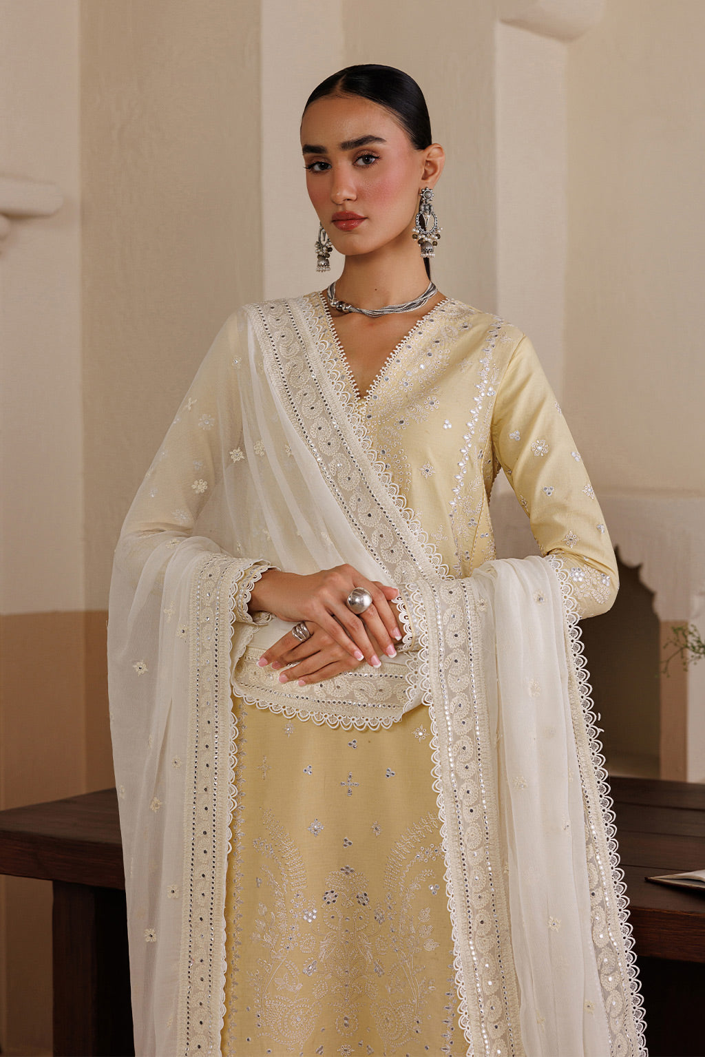 Emaan Adeel NOSTALIGA P0125 lawn outfit in pale yellow — upper-body view