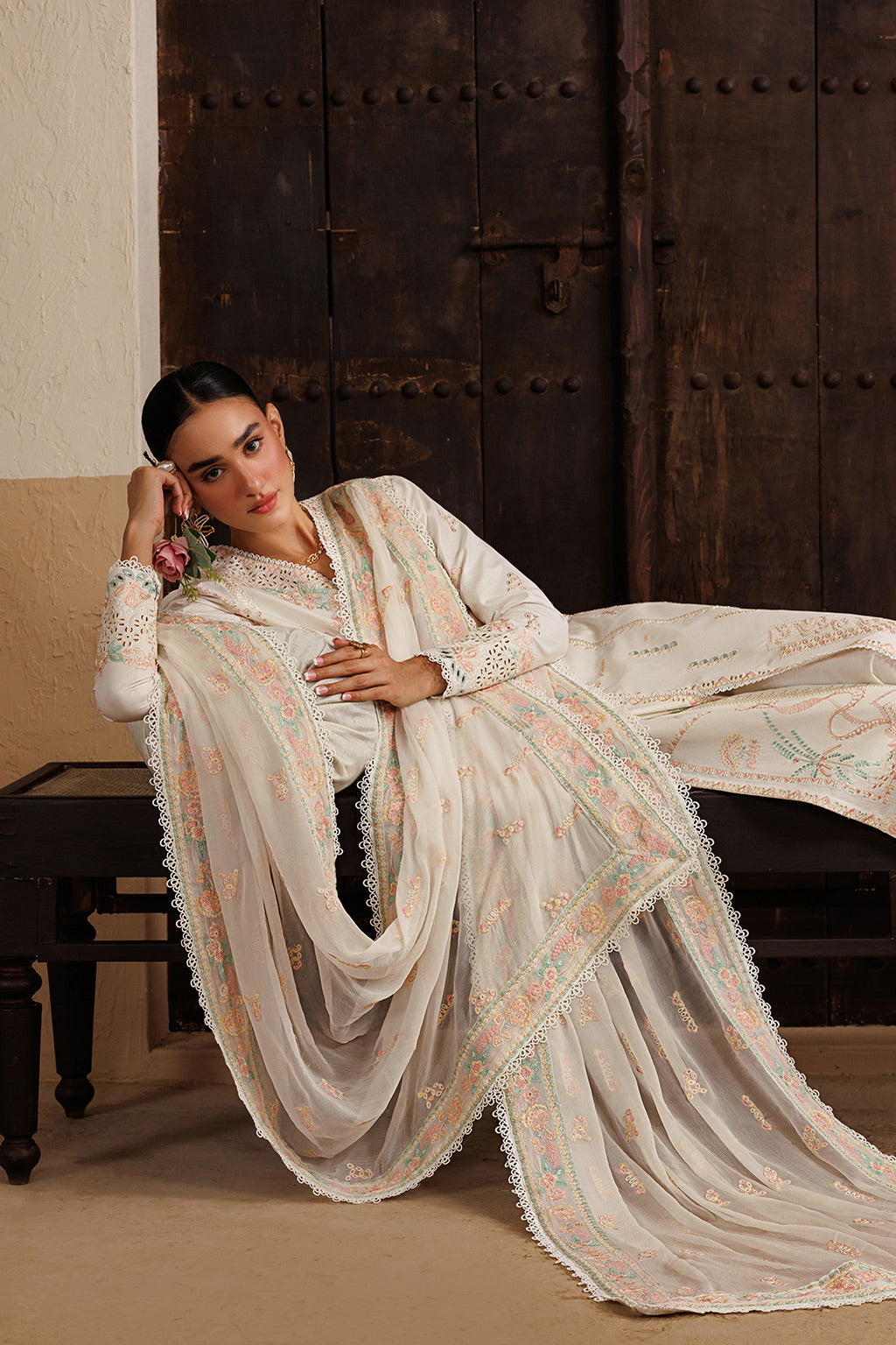 Emaan Adeel EUPHONY P0119 lawn outfit in ivory — reclining view