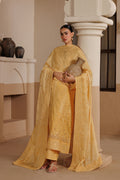 Emaan Adeel MELODY P0118 lawn outfit in mustard yellow — seated view