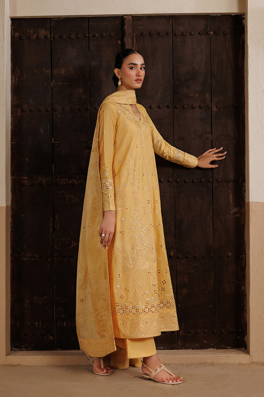 Emaan Adeel MELODY P0118 lawn outfit in mustard yellow — back view