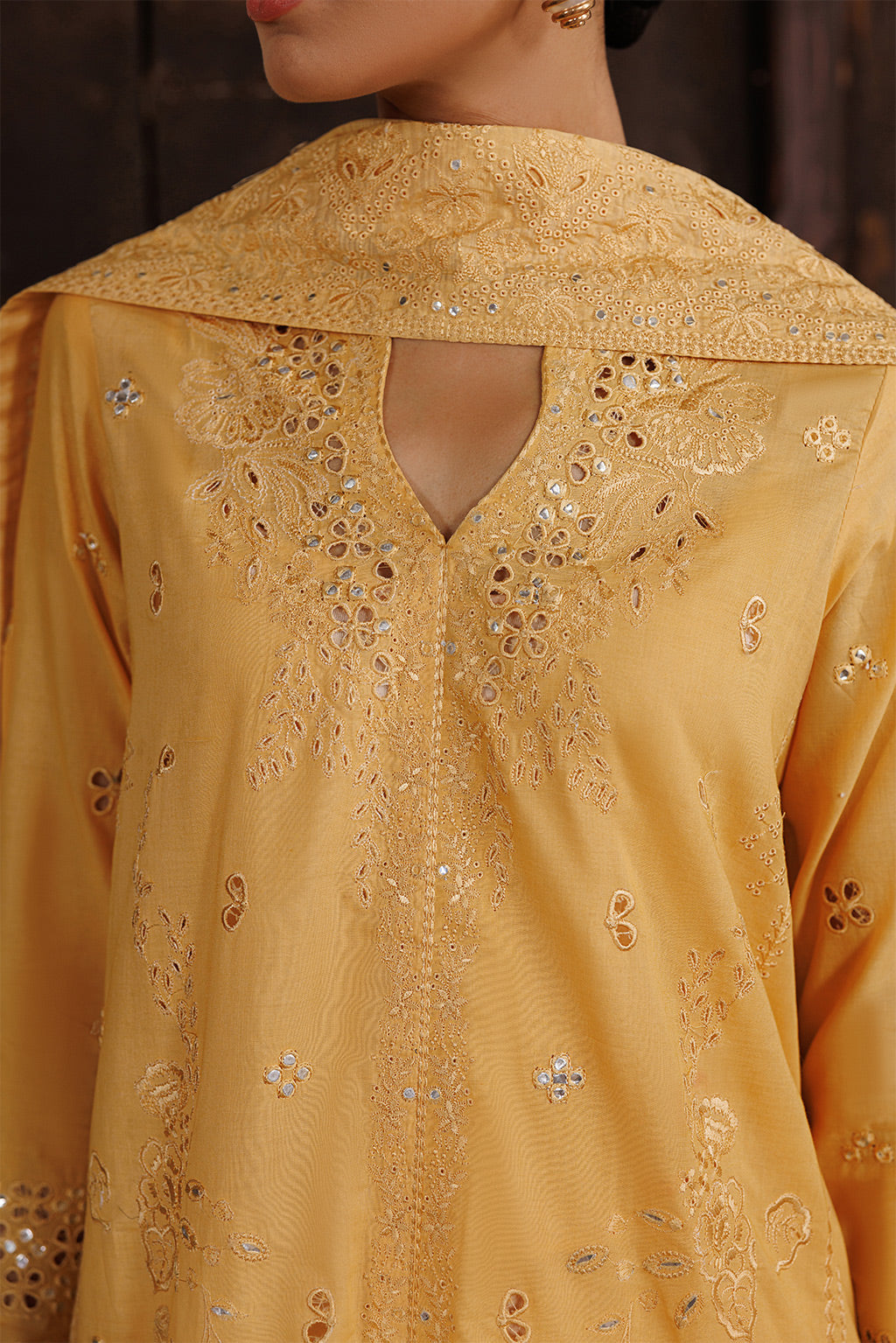 Emaan Adeel MELODY P0118 lawn outfit in mustard yellow — upper-back view