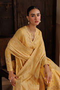 Emaan Adeel MELODY P0118 lawn outfit in mustard yellow — seated view
