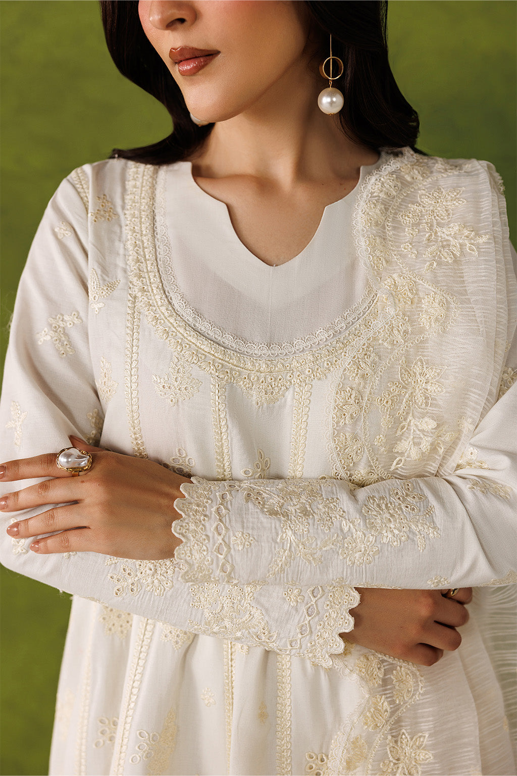 Emaan Adeel IVORY EDIT P0131 lawn outfit in ivory — embroidery close-up