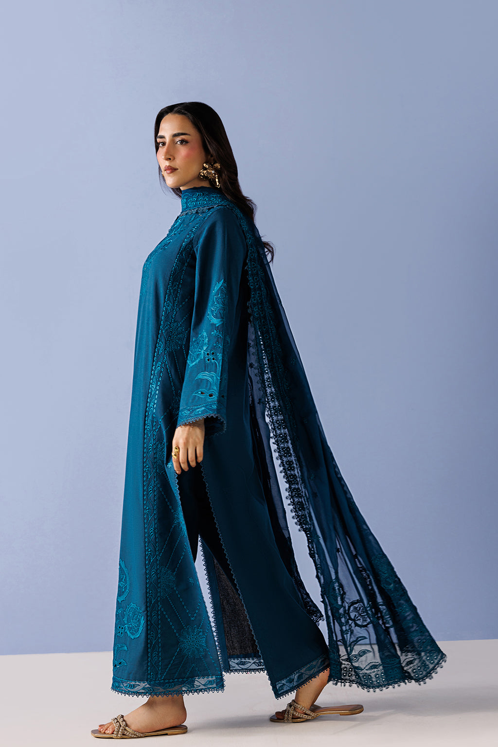 Emaan Adeel AVENOIR P0132 lawn outfit in deep teal — side view