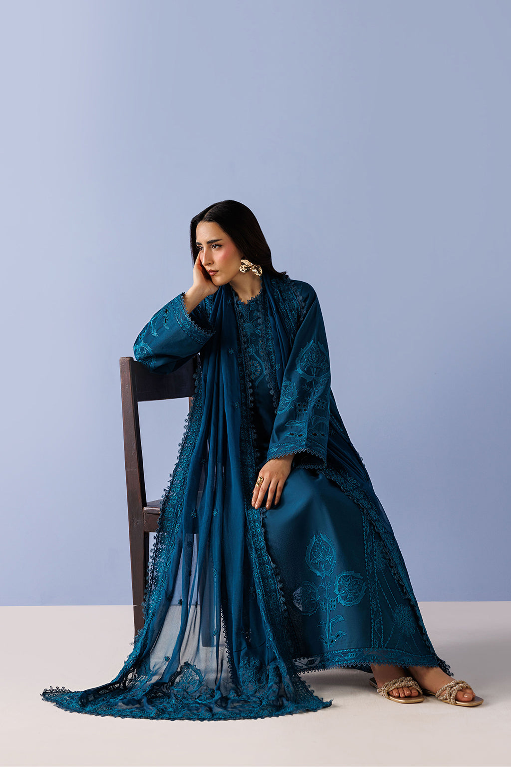 Emaan Adeel AVENOIR P0132 lawn outfit in deep teal — seated view