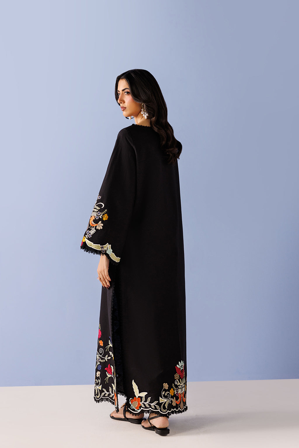 Emaan Adeel LURELLE P0137 lawn outfit in black with multicolour details — back view