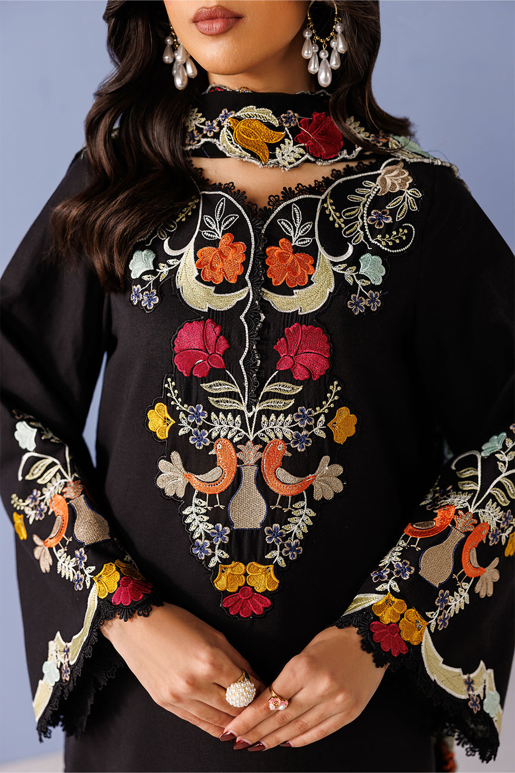 Emaan Adeel LURELLE P0137 lawn outfit in black with multicolour details — embroidery close-up