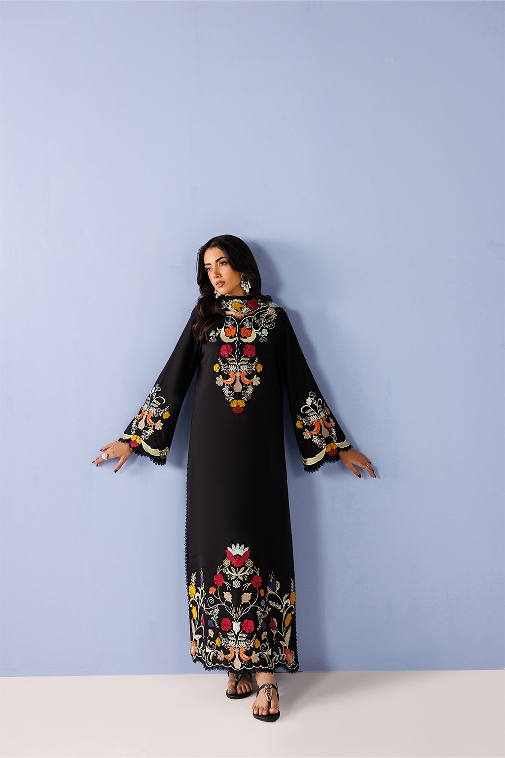 Emaan Adeel LURELLE P0137 lawn outfit in black with multicolour details — front view