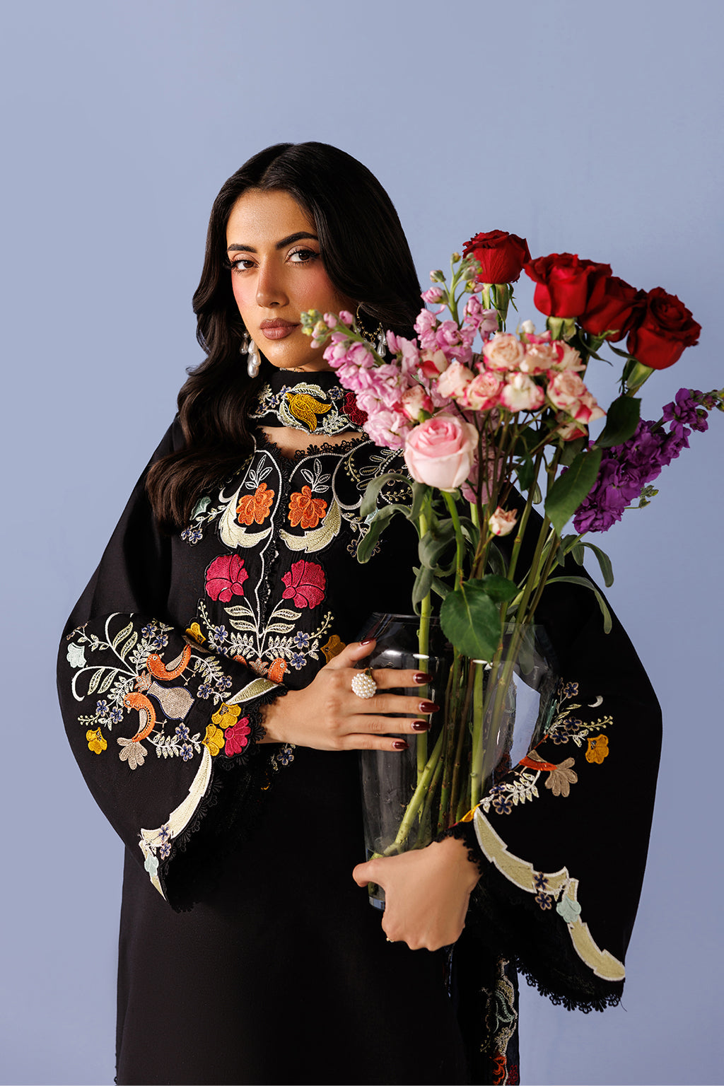 Emaan Adeel LURELLE P0137 lawn outfit in black with multicolour details — upper-body view