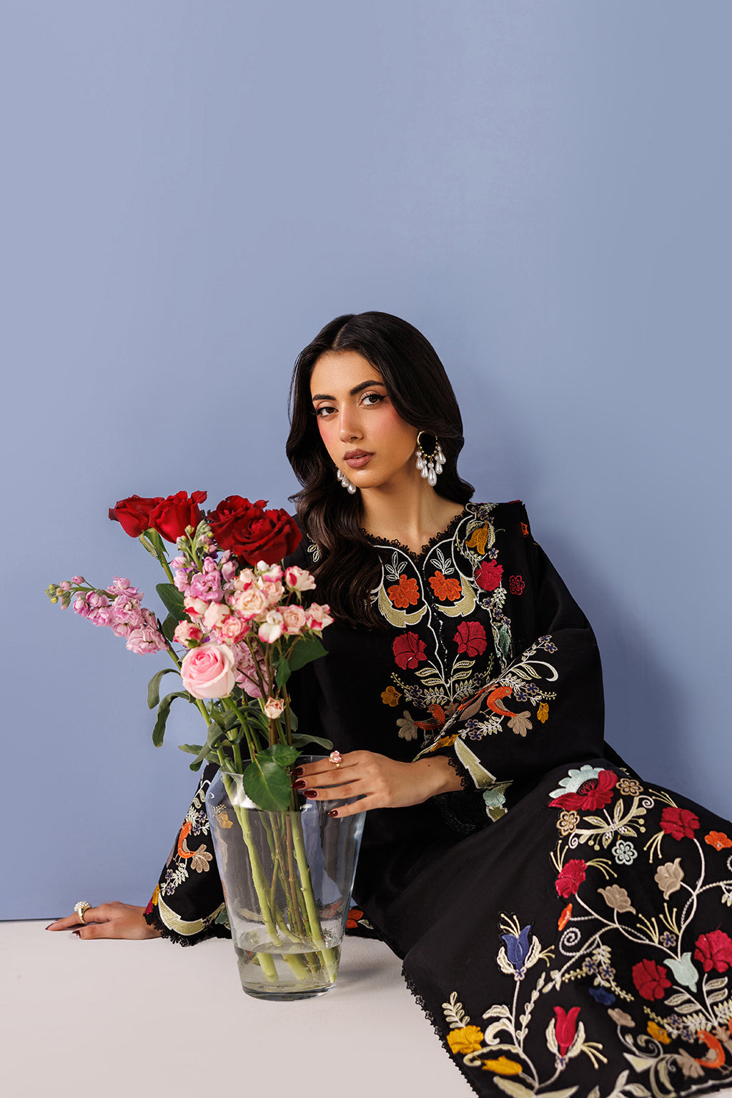 Emaan Adeel LURELLE P0137 lawn outfit in black with multicolour details — upper-body view