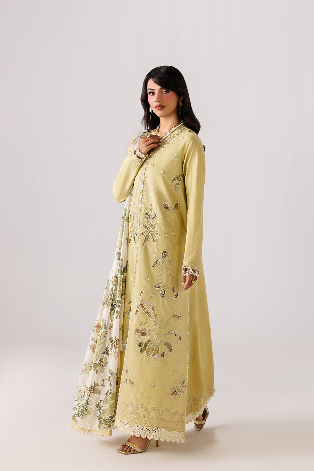 Emaan Adeel MODISH P0139 lawn outfit in pale yellow — side view