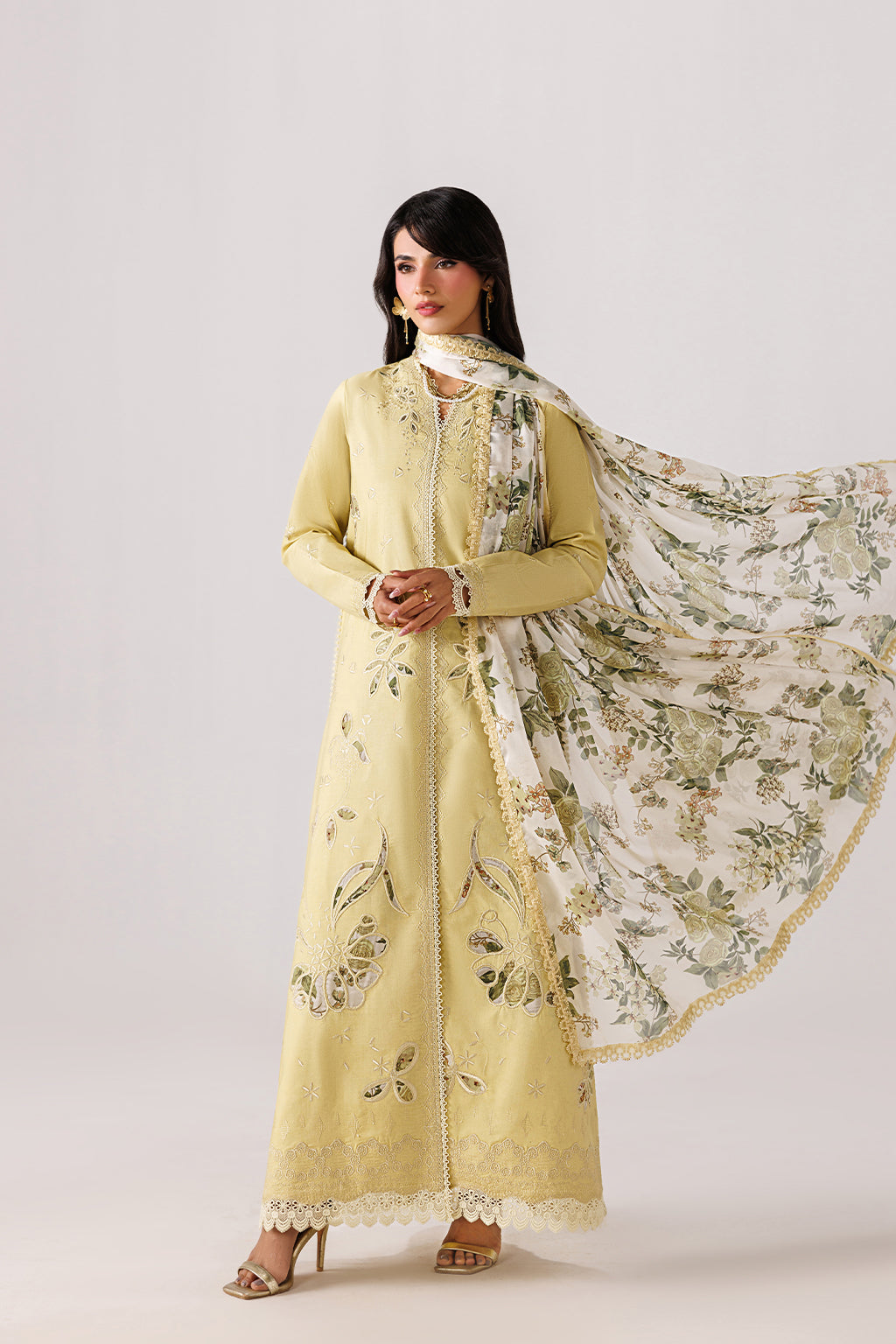 Emaan Adeel MODISH P0139 lawn outfit in pale yellow — dupatta spread out