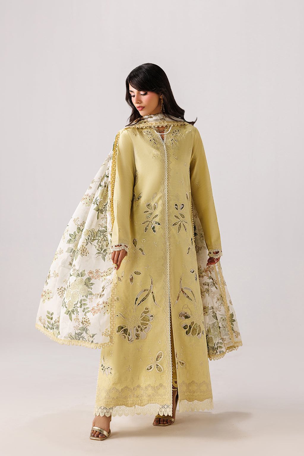 Emaan Adeel MODISH P0139 lawn outfit in pale yellow — front view