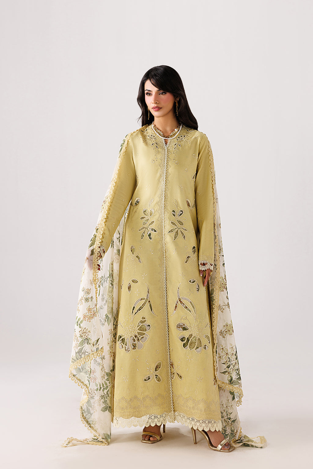 Emaan Adeel MODISH P0139 lawn outfit in pale yellow — front view