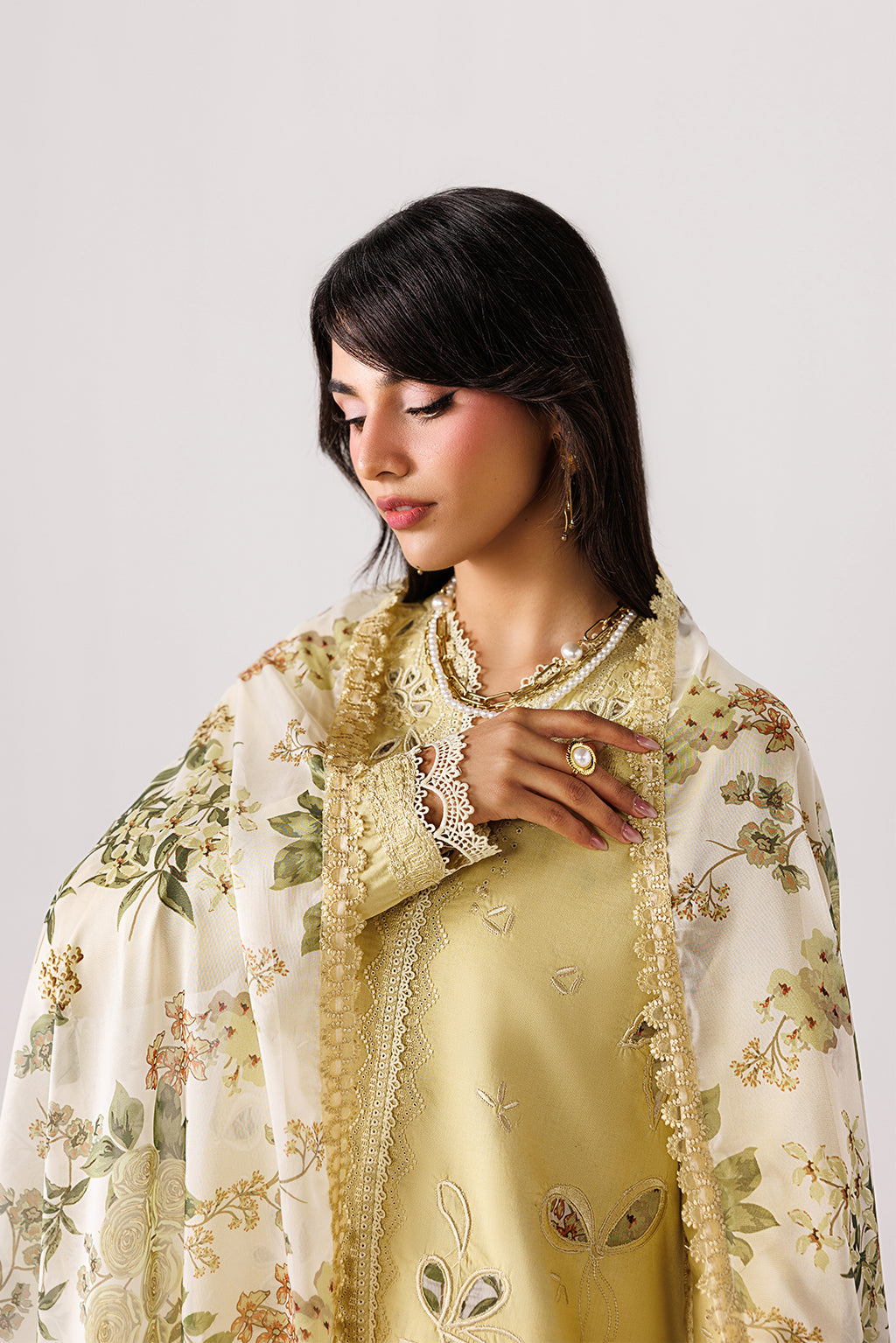 Emaan Adeel MODISH P0139 lawn outfit in pale yellow — upper-body view