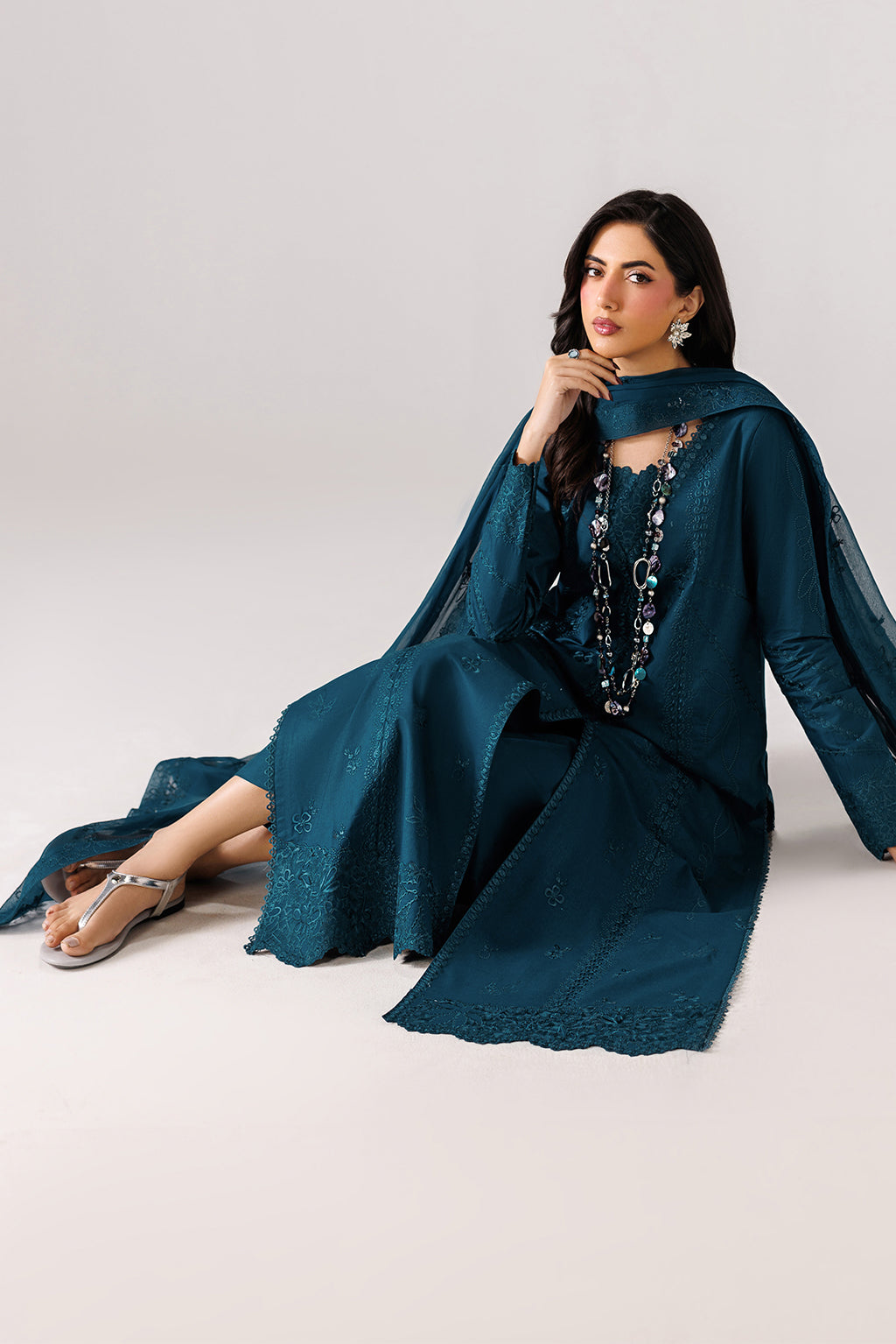 Emaan Adeel SERENE P0141 lawn outfit in deep teal — seated view