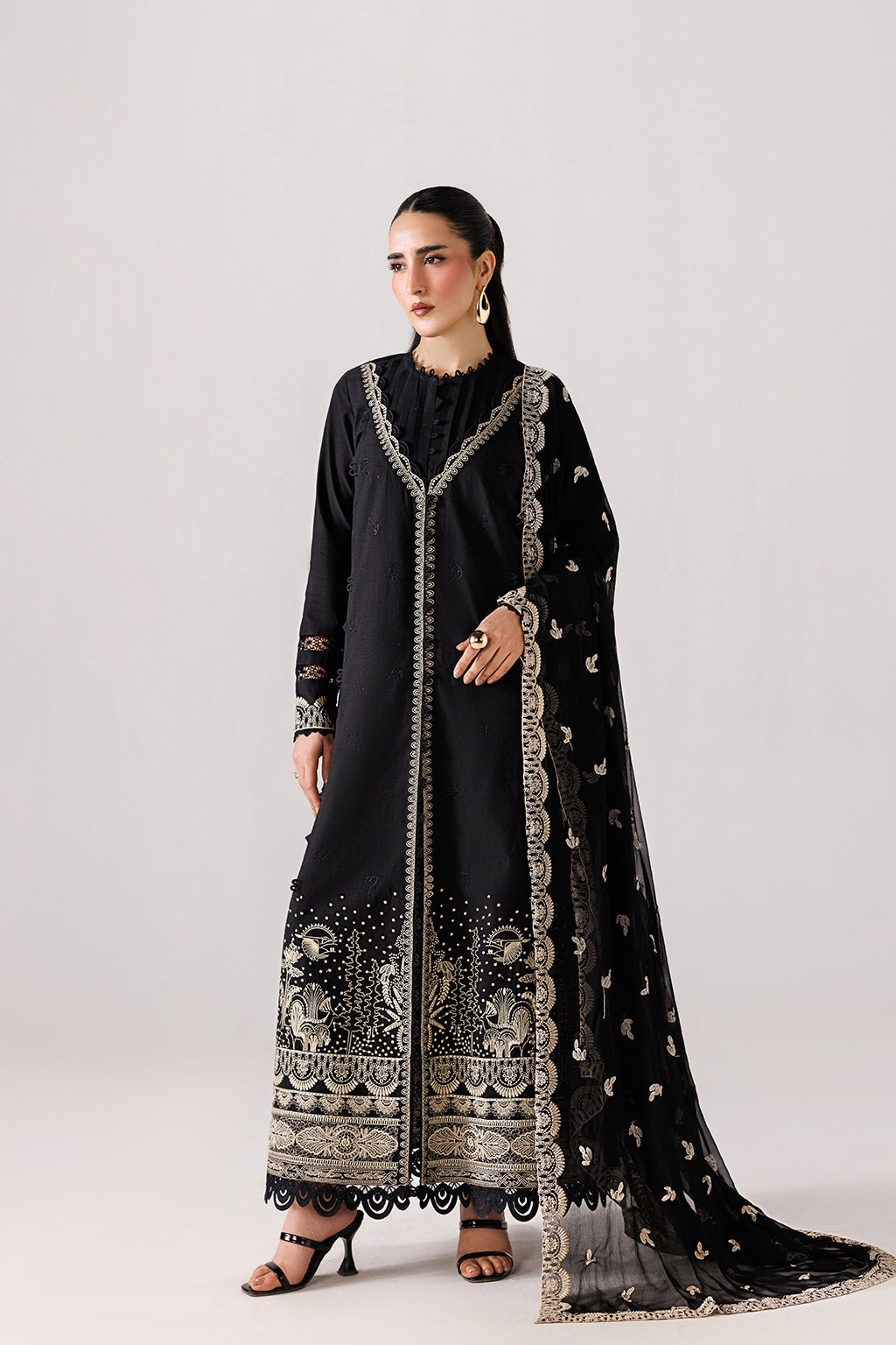 Emaan Adeel ELEVE P0138 lawn outfit in black — front view