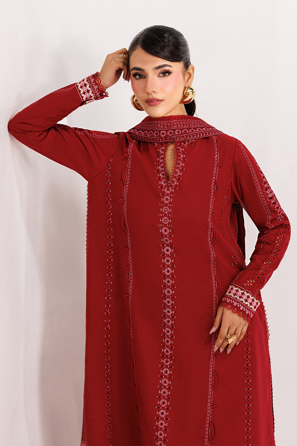 Emaan Adeel POISE P0036 lawn outfit in deep red — upper-body view